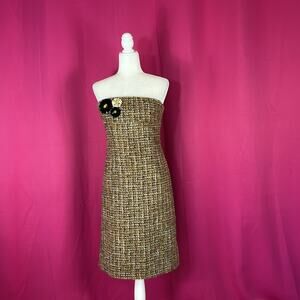 ruth silk lined wool blend tan tweed floral accent strapless sheath dress, 6